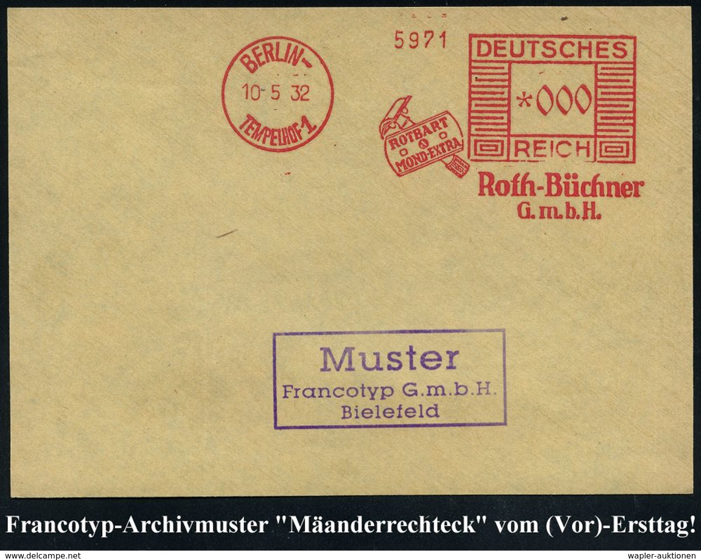 HAAR / BART / RASUR / FRISEUR : BERLIN-/ TEMPELHOF 1/ ROTBART/ MOND-EXTRA/ Roth-Büchner/ GmbH 1932 (10.5.) AFS, Reichspo - Pharmazie