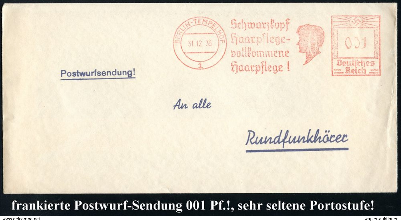HAAR / BART / RASUR / FRISEUR : BERLIN-TEMPELHOF/ 1/ Schwarzkopf/ Haarpflege.. 1935 (31.12.) Seltener AFS 001 Pf. Auf Po - Pharmazie