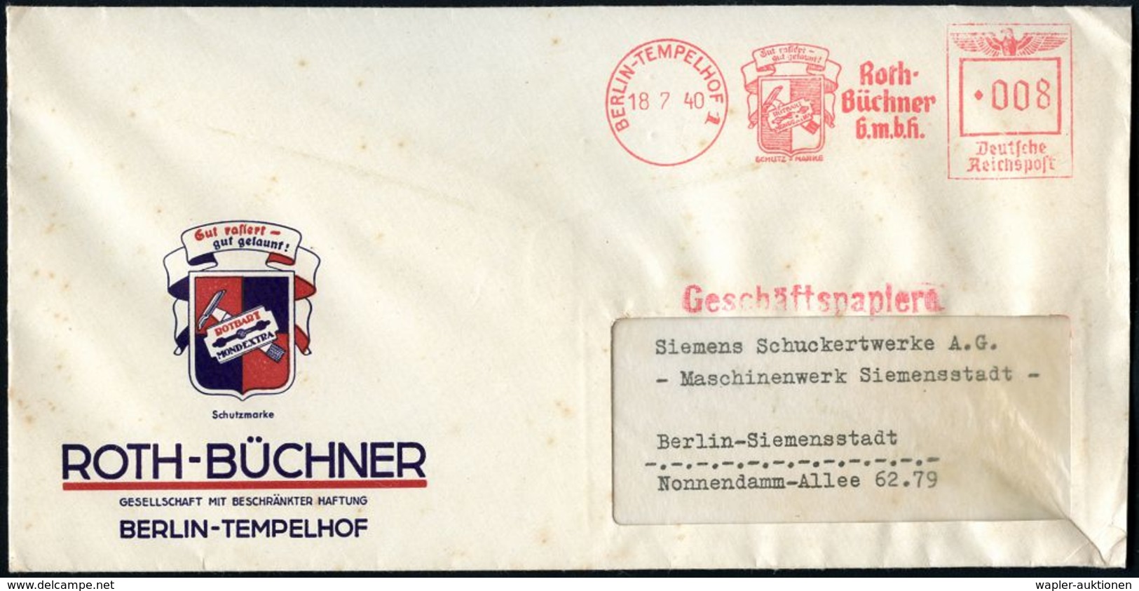 HAAR / BART / RASUR / FRISEUR : BERLIN-TEMPELHOF 1/ Roth-/ Büchner/ GmbH 1940 (18.7.) AFS = Wappen Mit Naßrasier-App. U. - Pharmazie