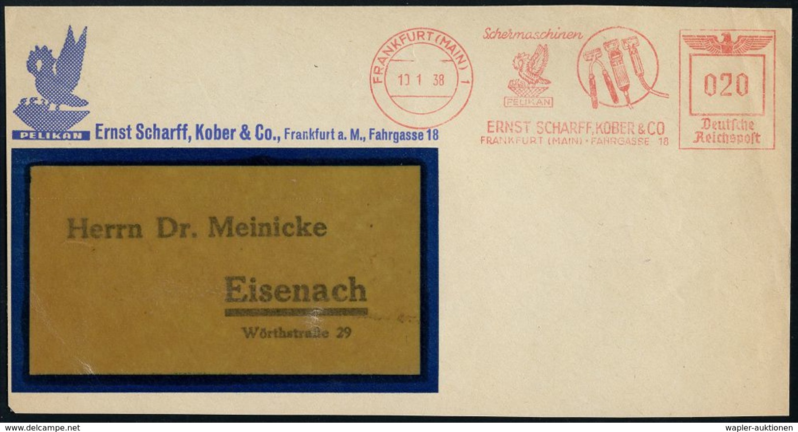 HAAR / BART / RASUR / FRISEUR : FRANKFURT (MAIN)1/ Schermaschinen/ PELIKAN/ ERNST SCHARFF, KOBER & CO 1937 (18.10.) Deko - Pharmacie