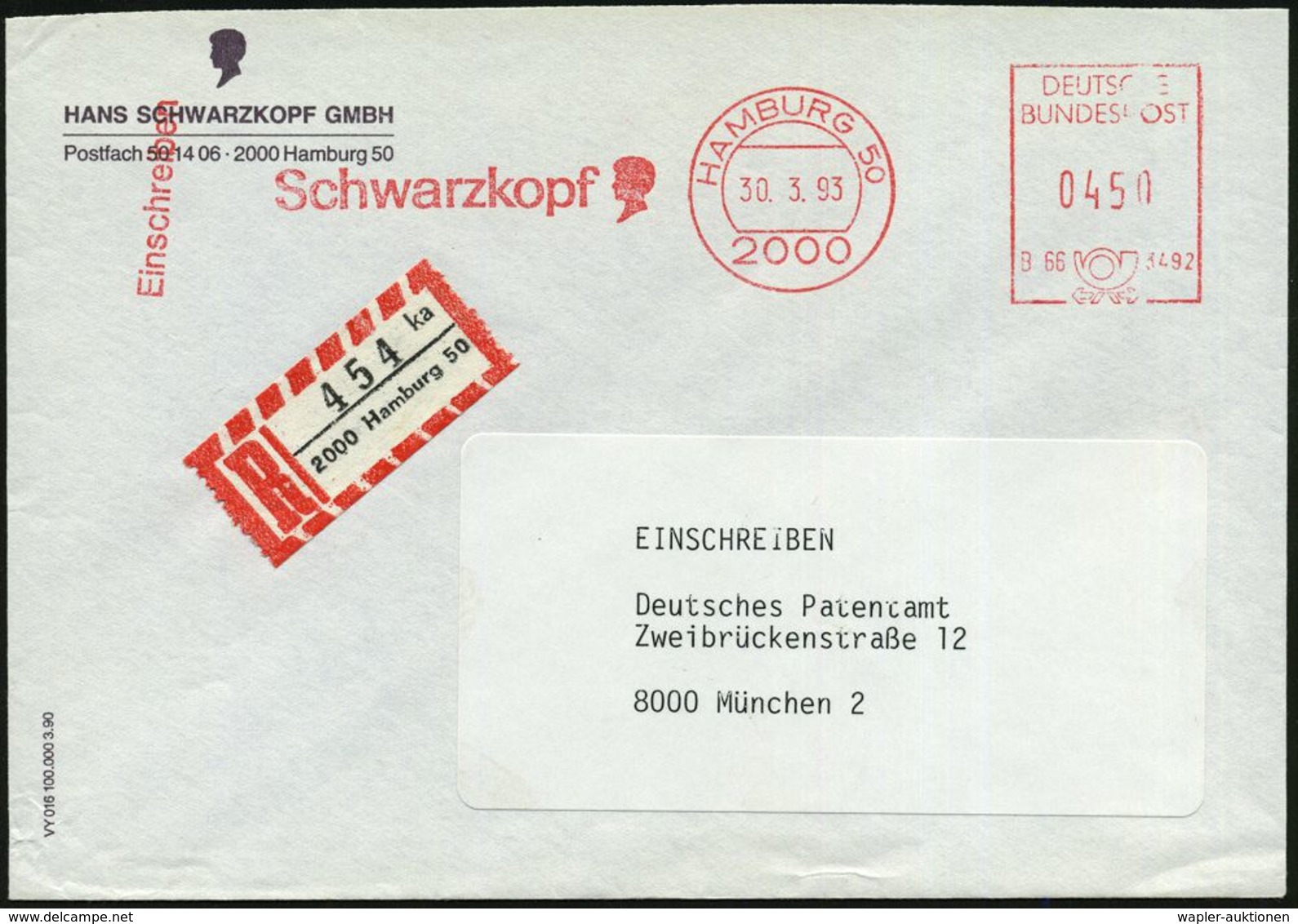 HAAR / BART / RASUR / FRISEUR : 2000 HAMBURG 50/ B66 3492/ Schwarzkopf 1993 (30.3.) AFS 0450 Pf. (Firmen-Logo) + Selbstb - Pharmacie