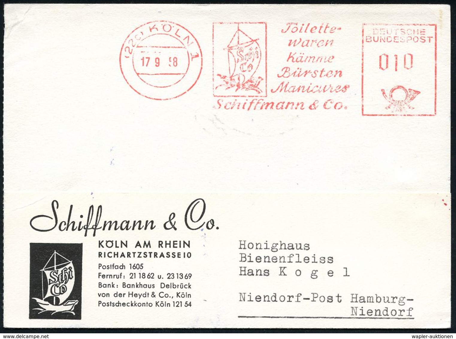 HAAR / BART / RASUR / FRISEUR : (22c) KÖLN 1/ Toilette-/ Waren/ Kämme/ Bürsten/ Manicures/ Schiffmann & Co 1958 (17.9.)  - Pharmacie