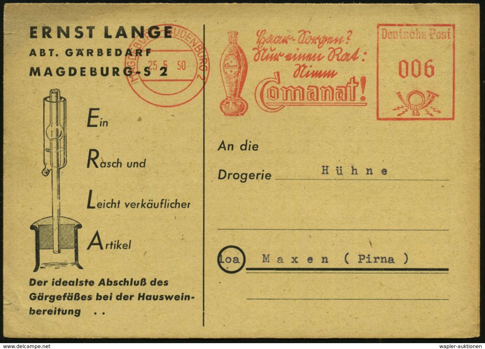 HAAR / BART / RASUR / FRISEUR : MAGDEBURG-SUDENBURG 2/ Haar-Sorgen?/ Nur Einen Rat./ Nimm/ Comanat! 1950 (25.5.) AFS, Te - Pharmazie