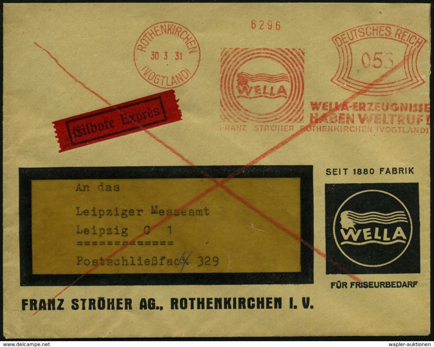 HAAR / BART / RASUR / FRISEUR : ROTHENKIRCHEN/ (VOGTL)/ ..WELLA/ FRANZ STRÖHER AG 1931 (30.3.) AFS 055 Pf. (Logo = Fraue - Pharmazie