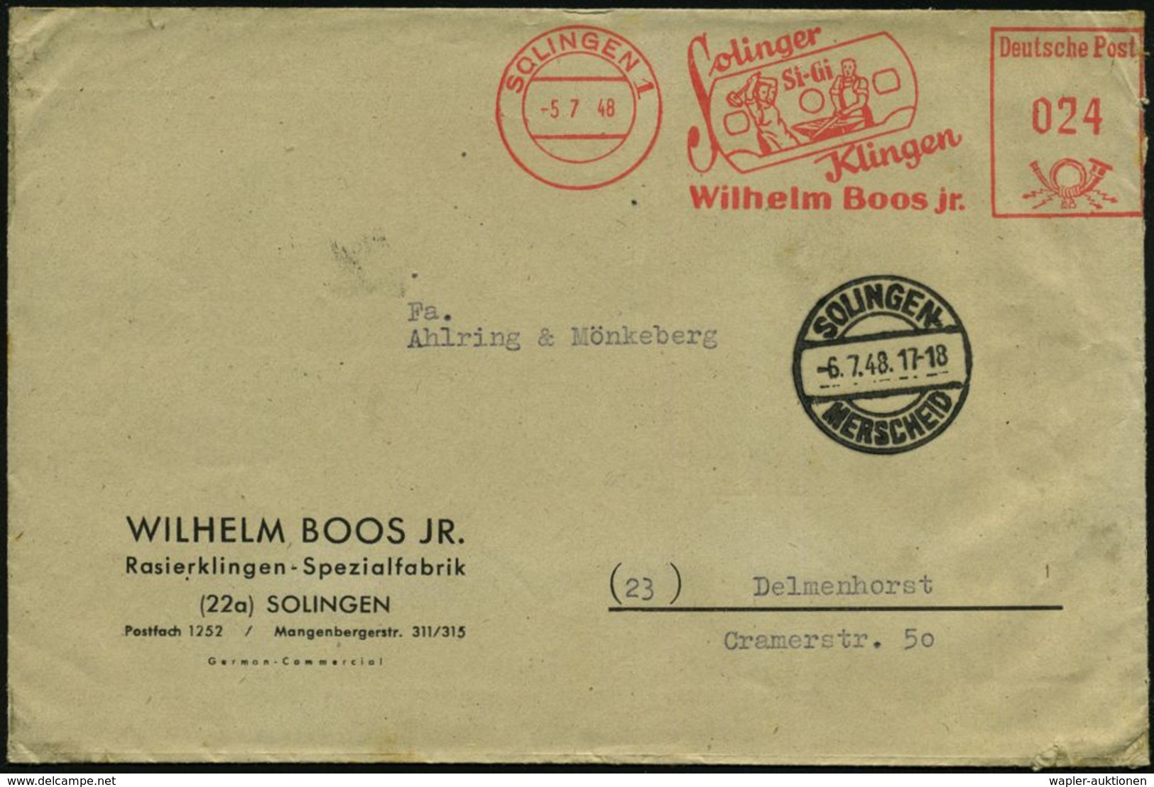 HAAR / BART / RASUR / FRISEUR : SOLINGEN 1/ Solinger/ Si-Gi/ Klingen/ Wilhelm Boos Jr. 1948 (5.7.) Dekorat. AFS = Rasier - Pharmacie