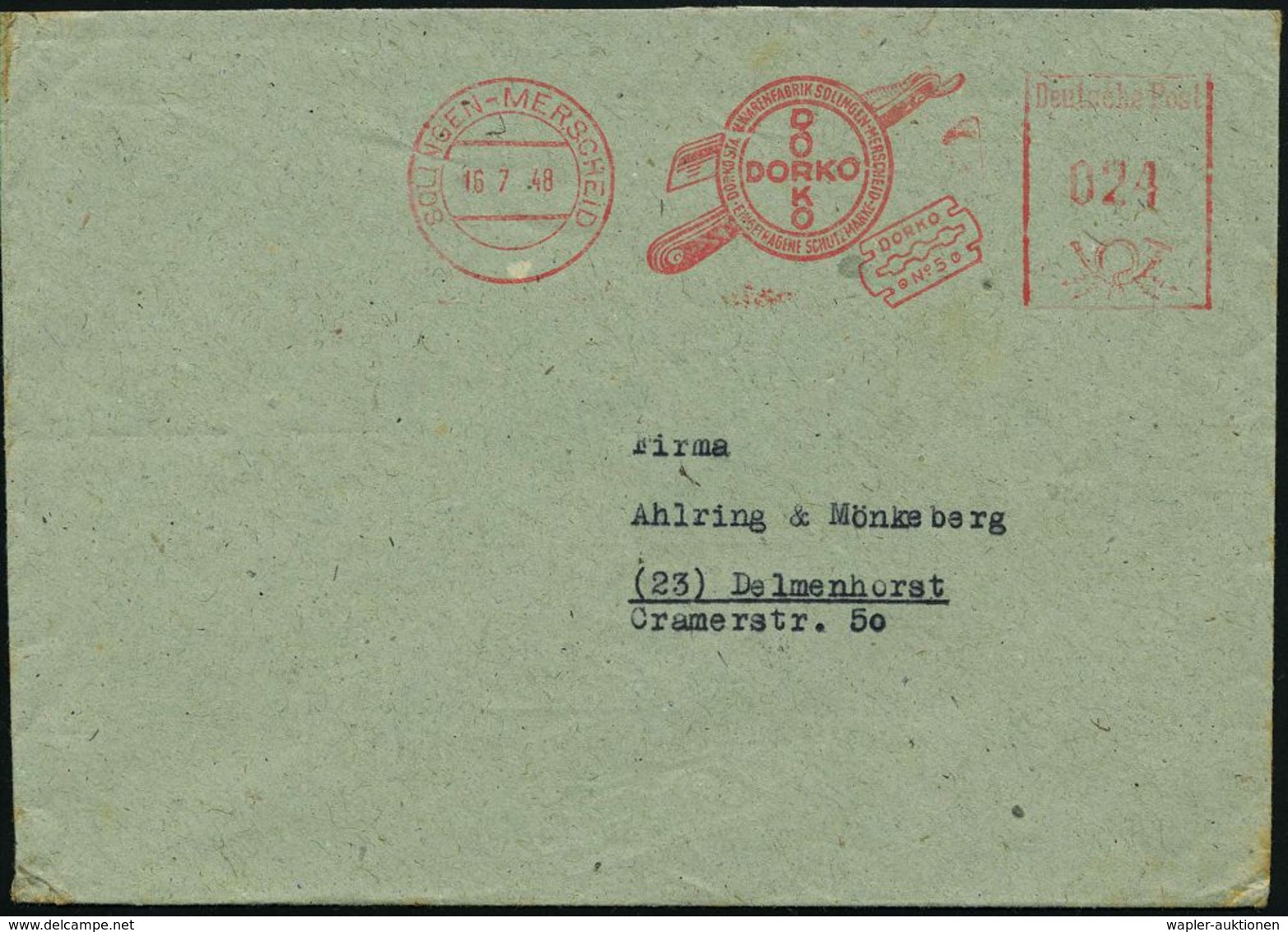 HAAR / BART / RASUR / FRISEUR : SOLINGEN-MERSCHEID/ DORKO STAHLWARENFABRIK.. 1948 (16.7.) AFS = Klapp-Rasiermesse (u. Ra - Pharmacie