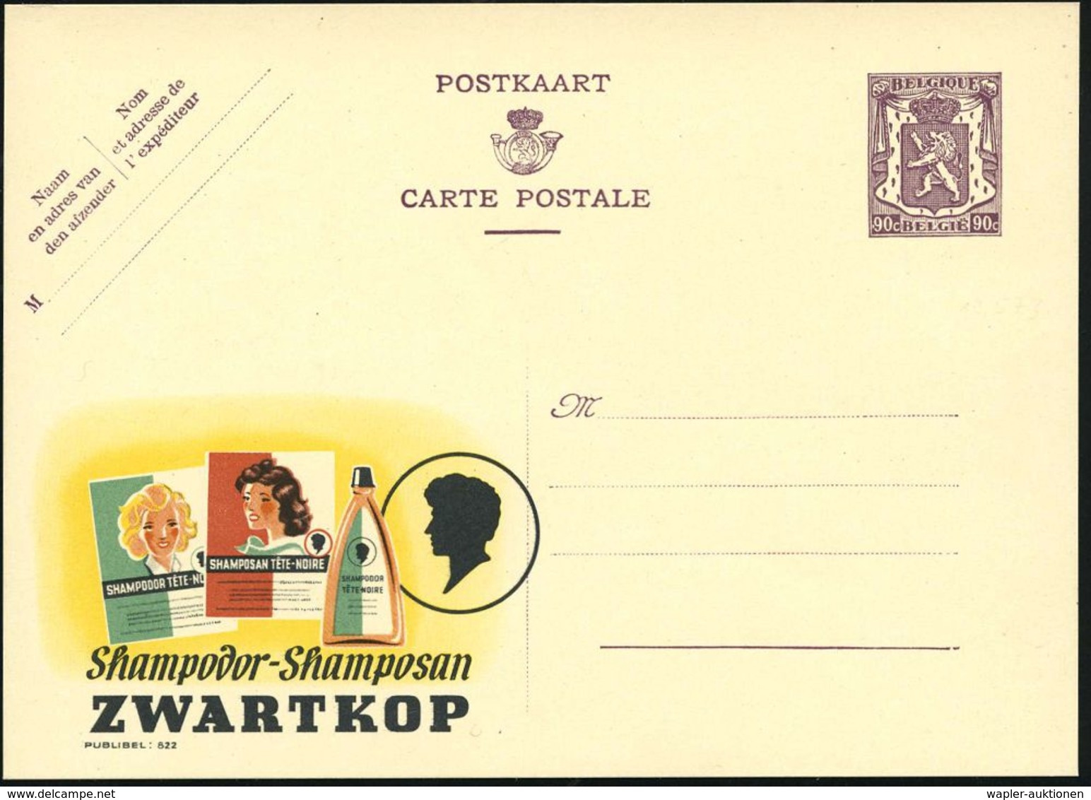 HAAR / BART / RASUR / FRISEUR : BELGIEN 1948 90 C. Reklame-P. Löwe, Br.lila: Shampodor../ZWARTKOP (Logo, Blondine, Brüne - Farmacia