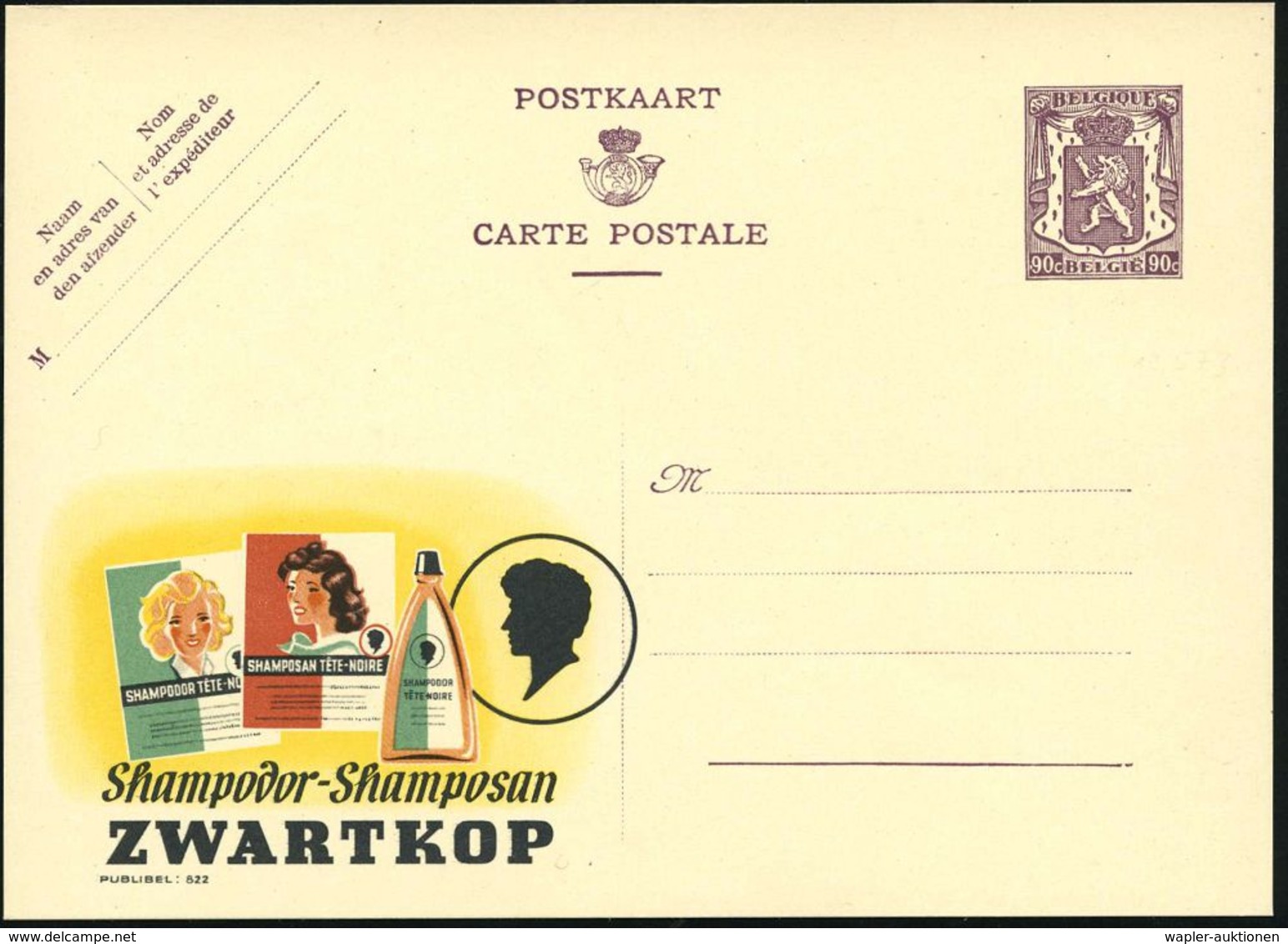 HAAR / BART / RASUR / FRISEUR : BELGIEN 1948 90 C. Reklame-P. Löwe, Br.lila: Shampodor../ZWARTKOP (Logo, Blondine, Brüne - Pharmacie