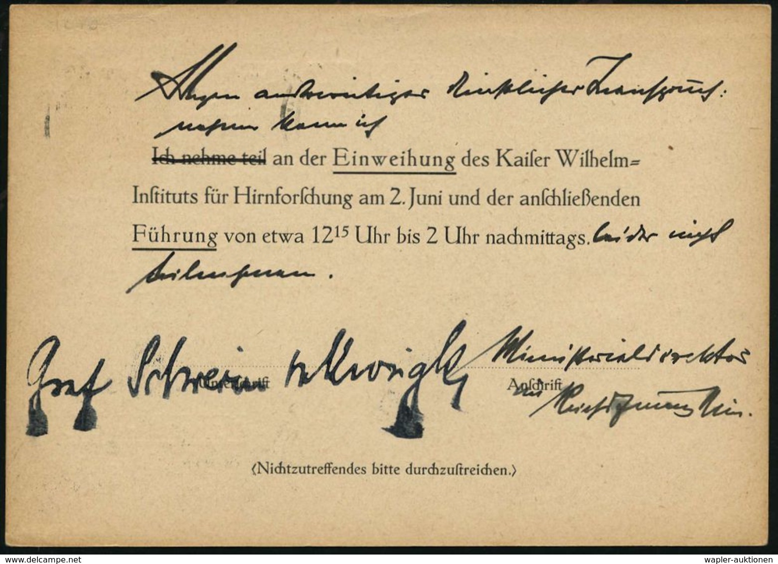 PSYCHOLOGIE / PSYCHATRIE / NEUROLOGIE : Berlin 1931 (22.5.) Antwort-Kt. Kaiser-Wilhelm-Institut Für Hirforschung Bln-Buc - Médecine
