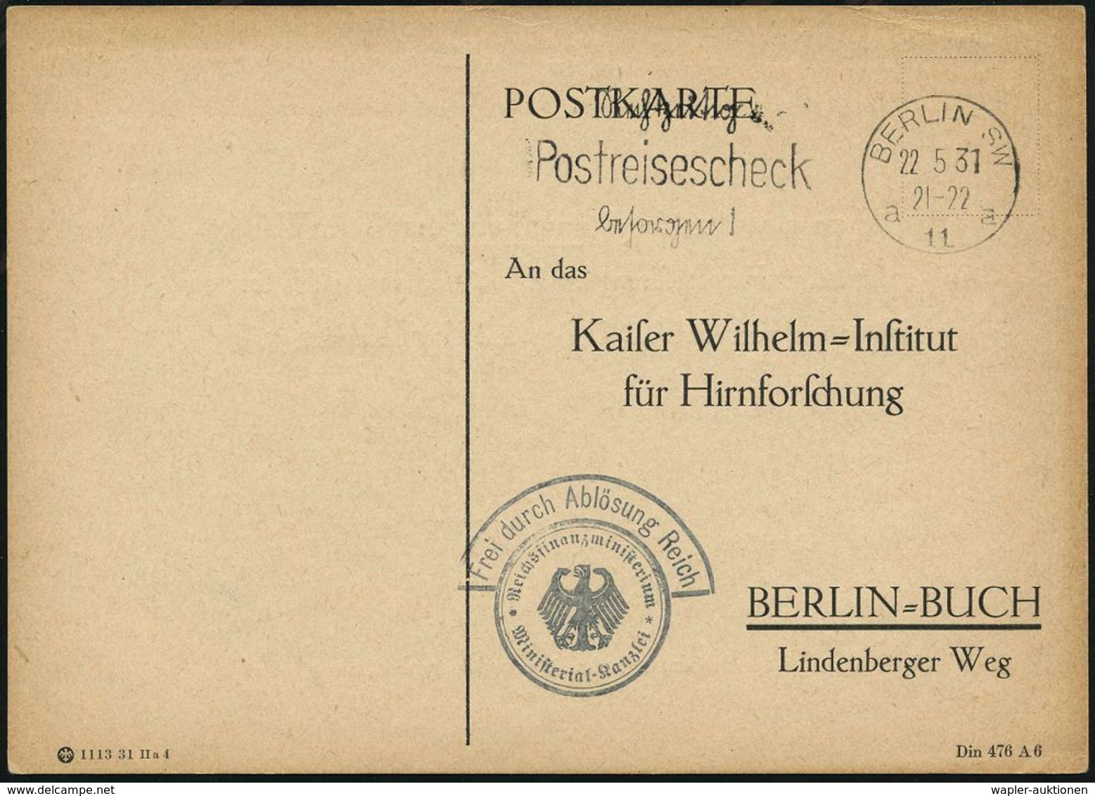 PSYCHOLOGIE / PSYCHATRIE / NEUROLOGIE : Berlin 1931 (22.5.) Antwort-Kt. Kaiser-Wilhelm-Institut Für Hirforschung Bln-Buc - Médecine