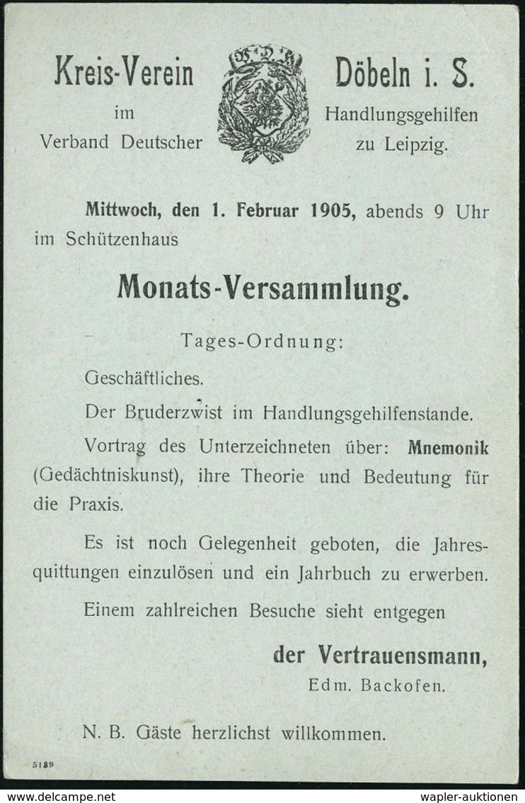 PSYCHOLOGIE / PSYCHATRIE / NEUROLOGIE : DÖBELN/ *1c 1905 (31.1.) 1K-Gitter Auf PP 2 Pf. Germania, Grau: Kreis Verein Döb - Médecine