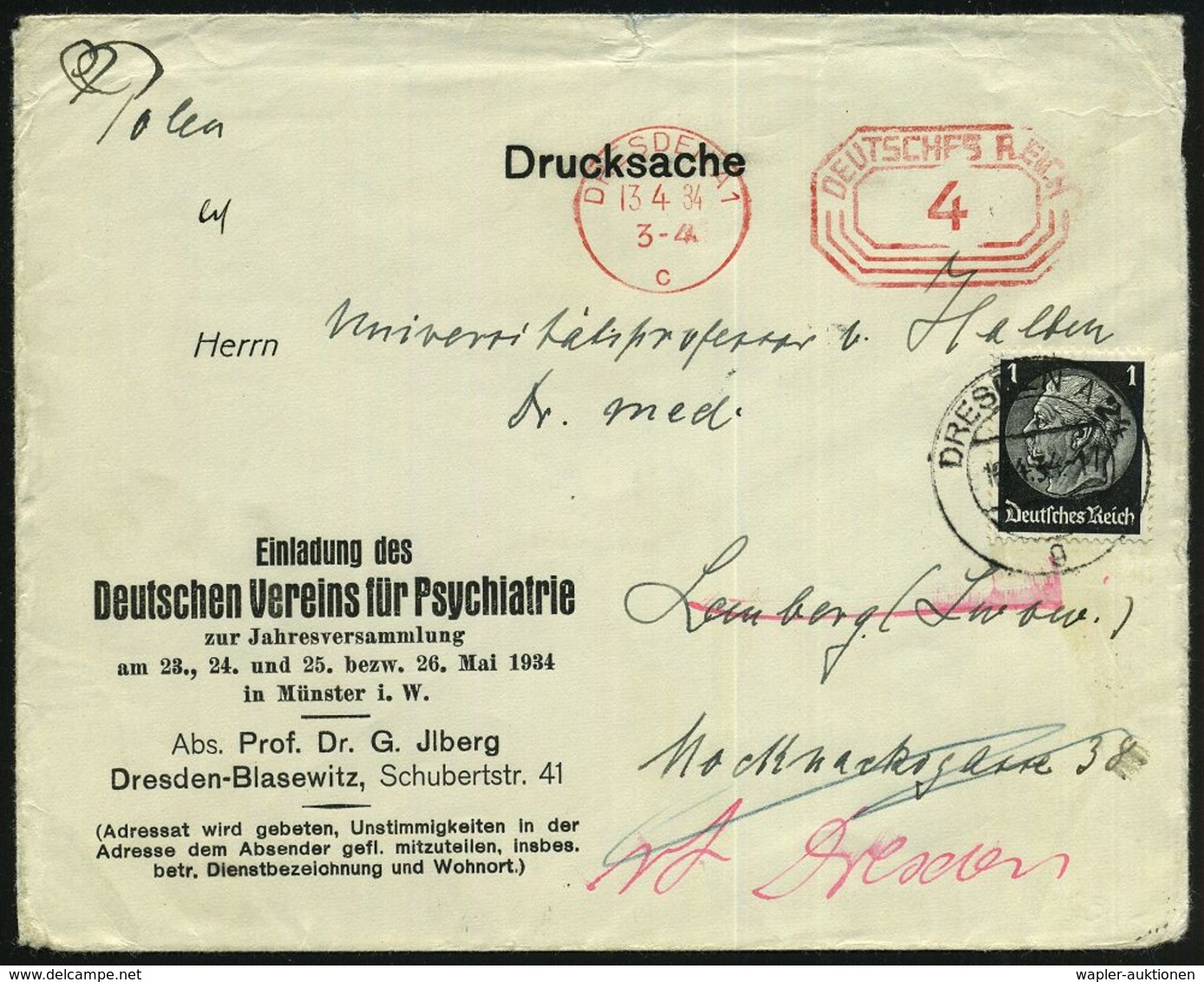 PSYCHOLOGIE / PSYCHATRIE / NEUROLOGIE : DRESDEN A1/ C/ DEUTSCHES REICH 1934 (13.4.) PFS 4 Pf. Achteck + 1 Pf. Hindenbg.  - Medicine