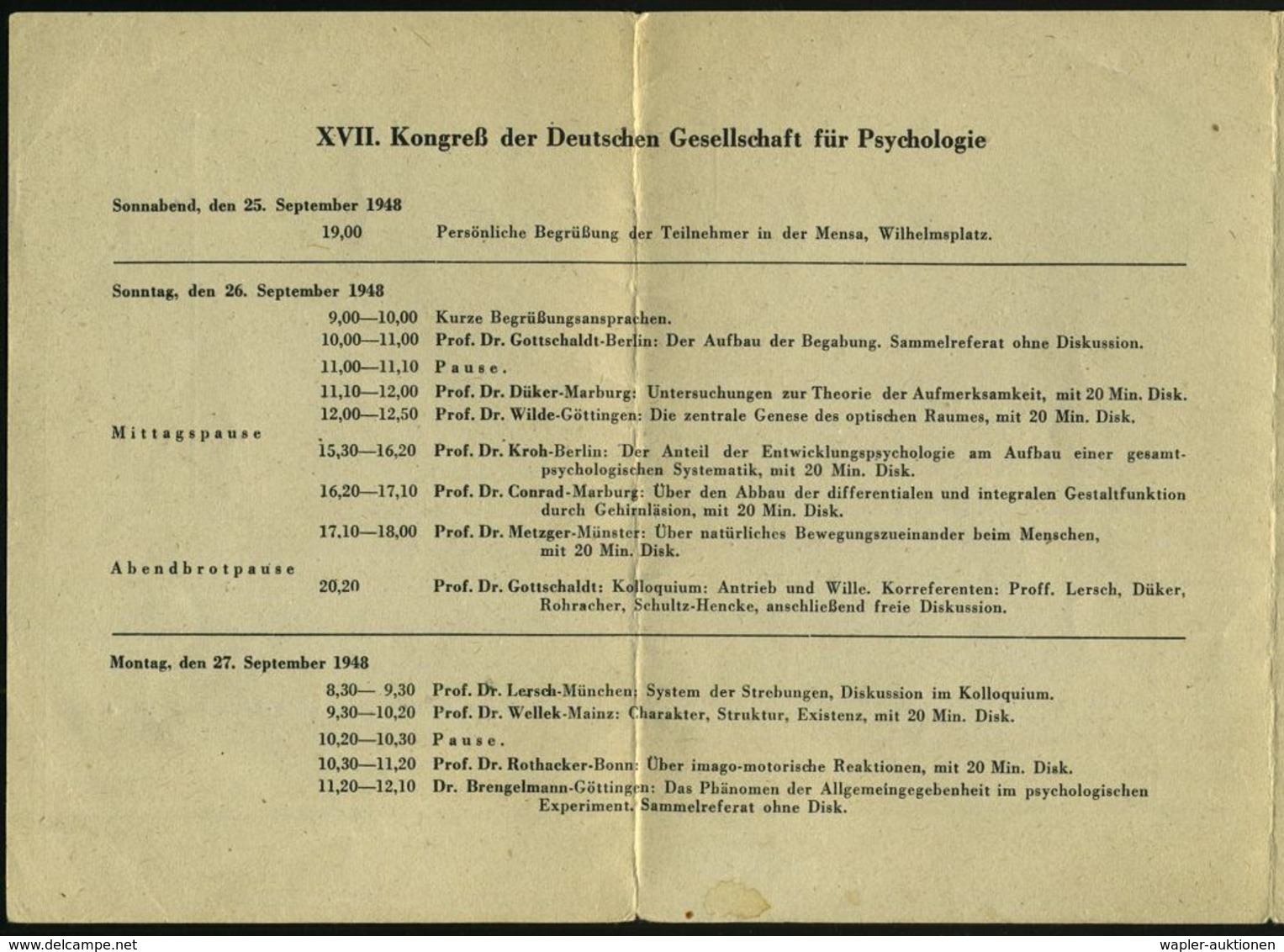 PSYCHOLOGIE / PSYCHATRIE / NEUROLOGIE : Göttingen 1948 (Sept.) Faltbf. Mit Inhalt: XVII. Kongreß Der Deutschen Gesellsch - Médecine