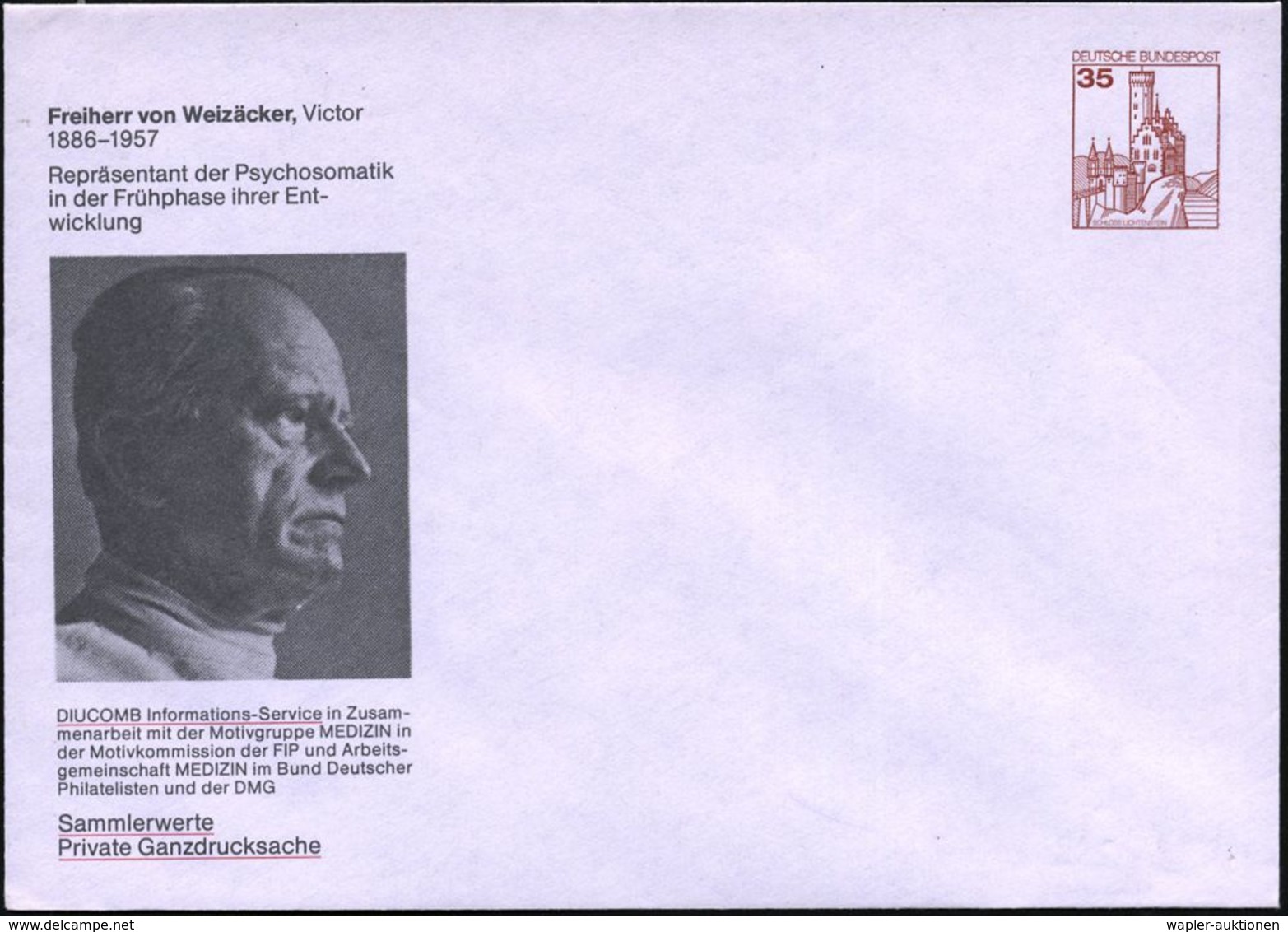 PSYCHOLOGIE / PSYCHATRIE / NEUROLOGIE : 8000 B.R.D. 1985 (Juli) PU 35 Pf. Burgen: Victor V.Weizäcker, 1886-1957,  Repräs - Medicina