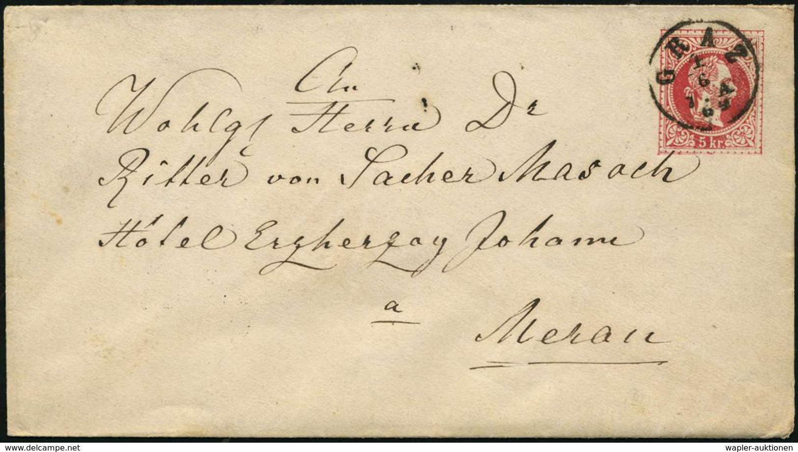 PSYCHOLOGIE / PSYCHATRIE / NEUROLOGIE : ÖSTERREICH 1869 (4.6.) 1K: GRAZ Auf U 5 Kr. KFJ, Rot  Aus Dem Nachlass Von  "Dr. - Médecine