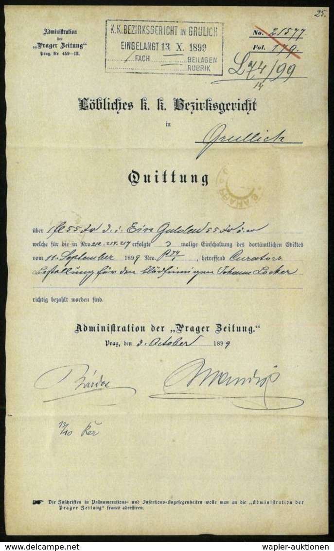 PSYCHOLOGIE / PSYCHATRIE / NEUROLOGIE : ÖSTERREICH 1899 (12.10.) 2K: PRAG 9 Auf Faltbf. "Prager Zeitung" Mit Inhalt Betr - Medicine