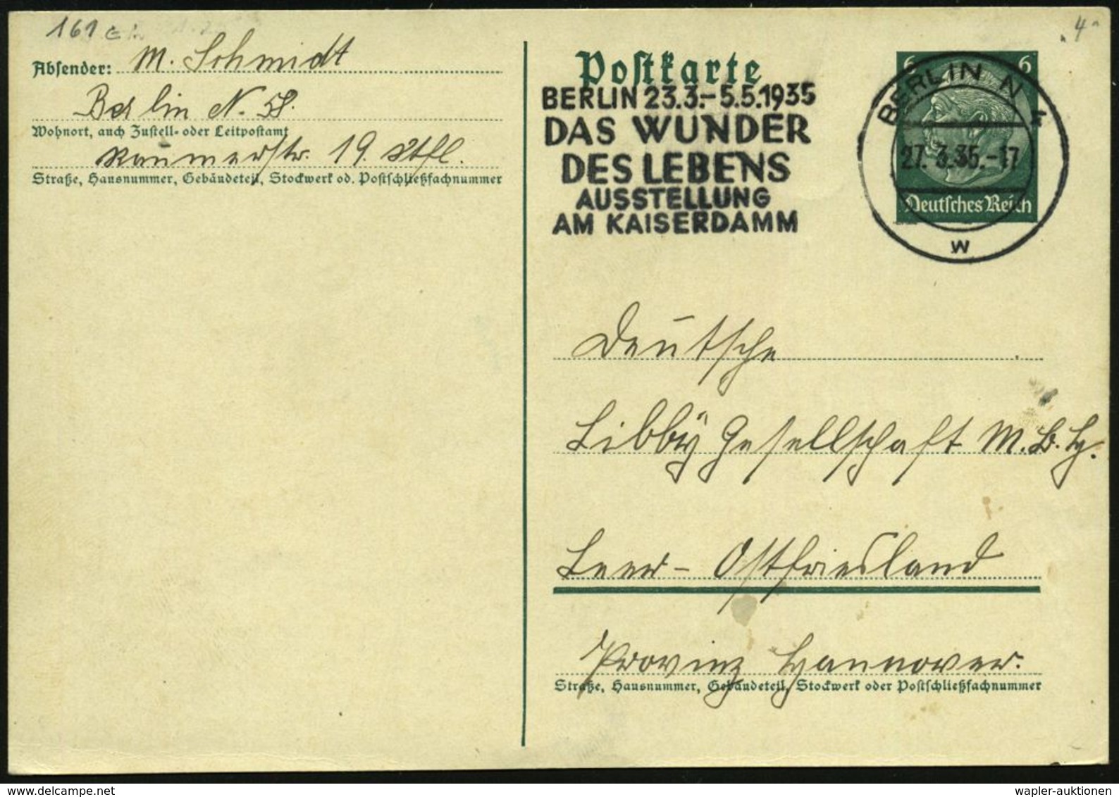 NS-RASSENEUGENIK & EUTHANASIE : BERLIN N4/ W/ DAS WUNDER/ DES LEBENS/ AUSSTELLUNG/ AM KAISERDAMM 1935 (März) MWSt = Auss - Other & Unclassified