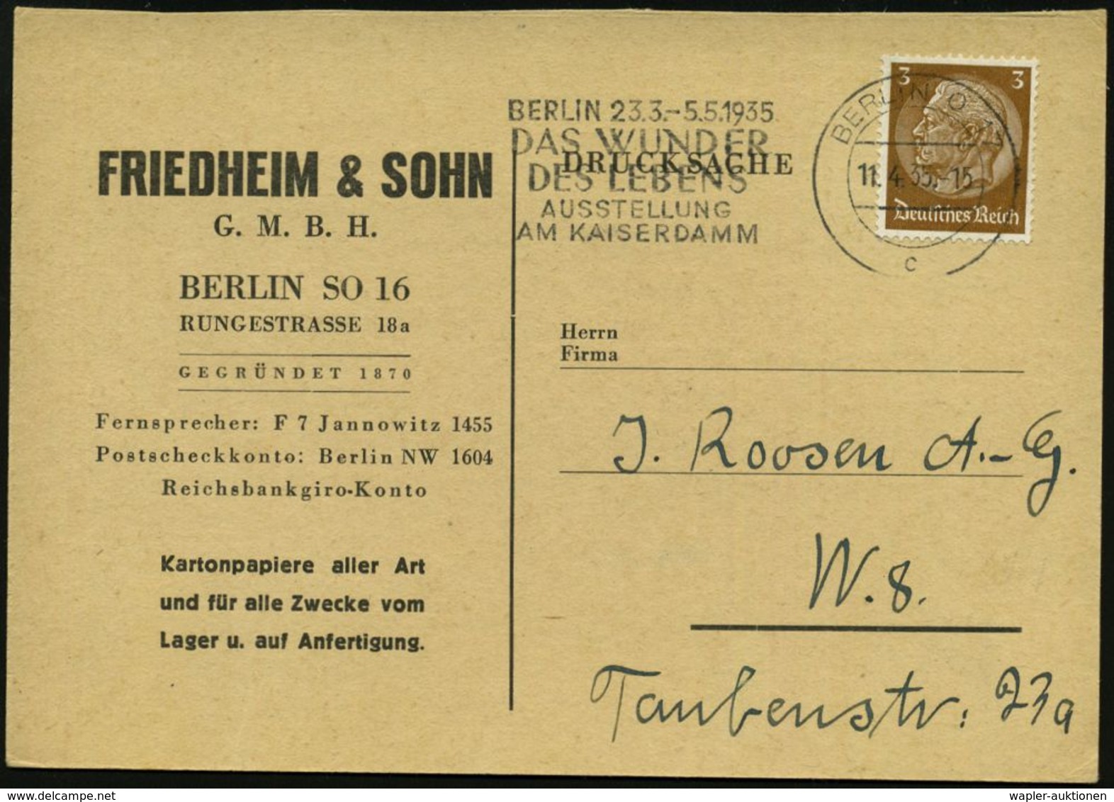 NS-RASSENEUGENIK & EUTHANASIE : BERLIN O 17/ C/ ..DAS WUNDER/ DES LEBENS/ AUSSTELLUNG.. 1935 (11.4.) MWSt = Ausstellung  - Sonstige & Ohne Zuordnung