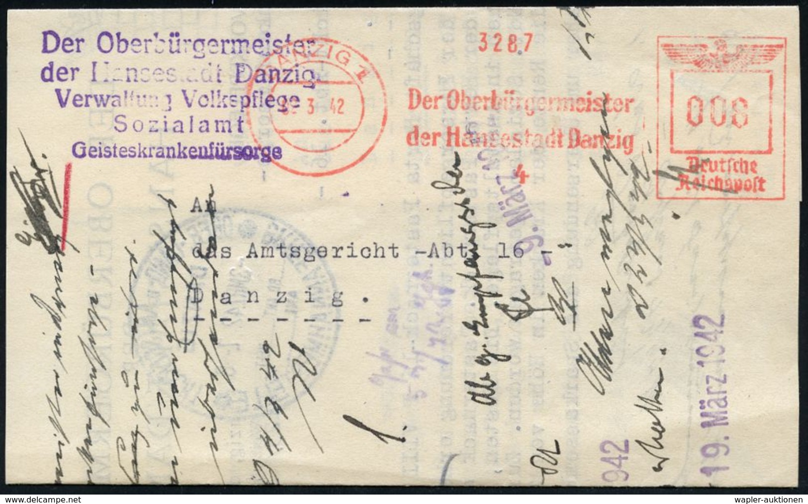 NS-RASSENEUGENIK & EUTHANASIE : DANZIG 1/ Der Oberbürgermeister/ Der Hansestadt Danzig/ 4 1942 (2.3.) AFS + Viol. Abs.-5 - Autres & Non Classés