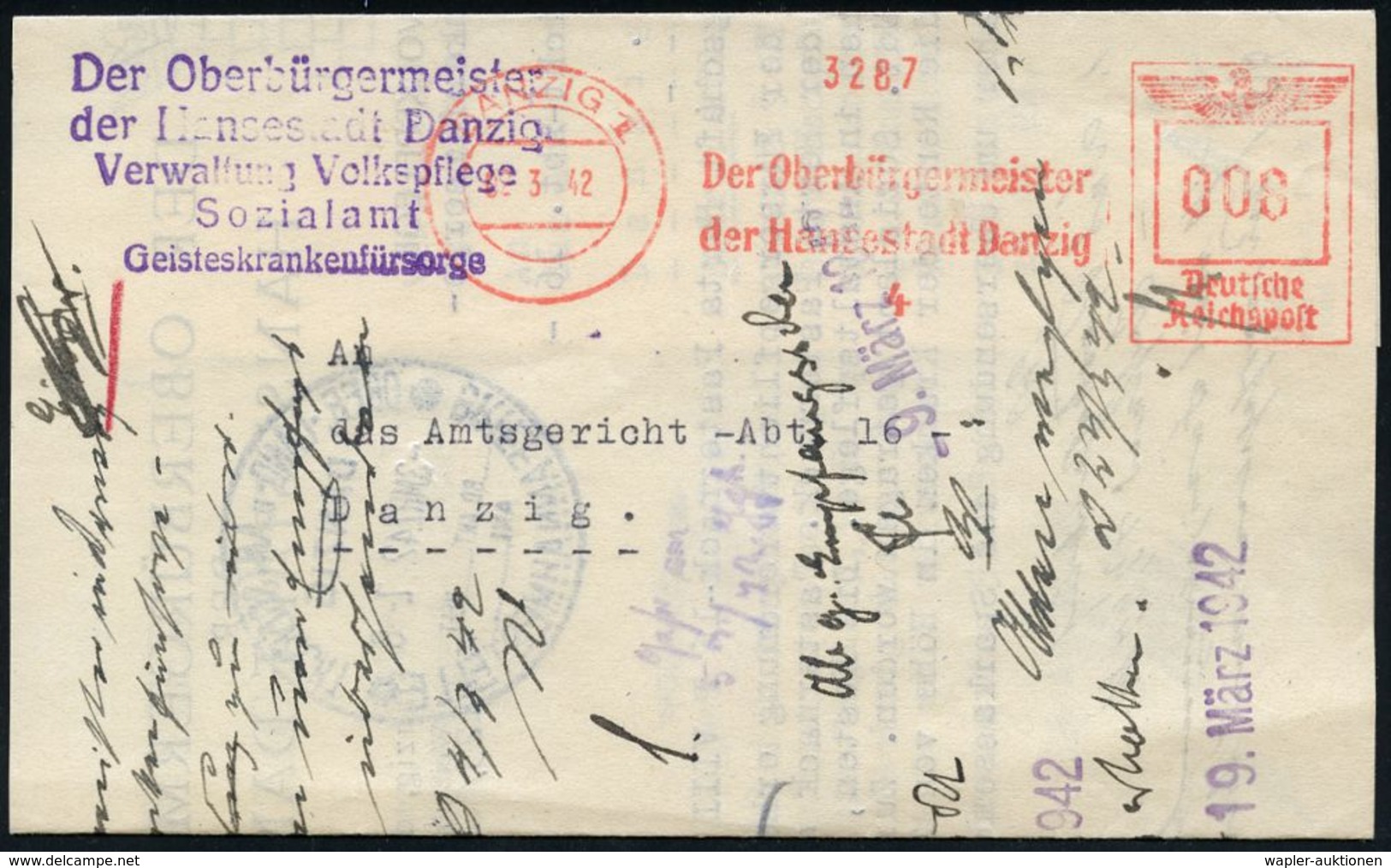 NS-RASSENEUGENIK & EUTHANASIE : DANZIG 1/ Der Oberbürgermeister/ Der Hansestadt Danzig/ 4 1942 (2.3.) AFS + Viol. Abs.-5 - Altri & Non Classificati