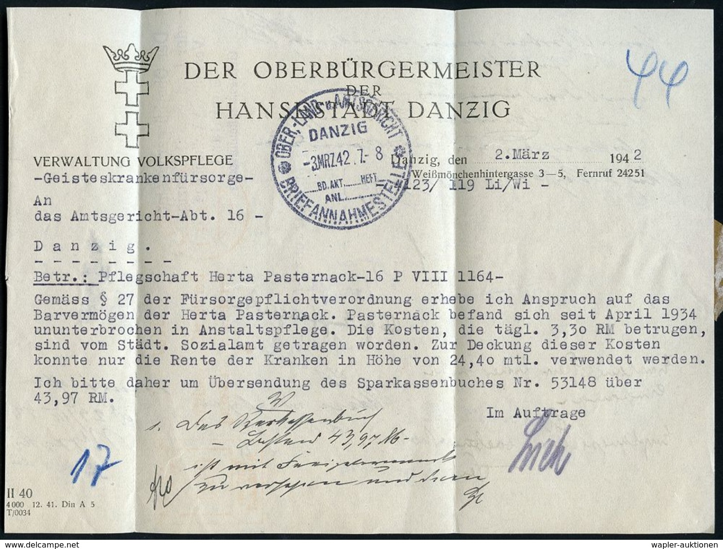 NS-RASSENEUGENIK & EUTHANASIE : DANZIG 1/ Der Oberbürgermeister/ Der Hansestadt Danzig/ 4 1942 (2.3.) AFS + Viol. Abs.-5 - Sonstige & Ohne Zuordnung