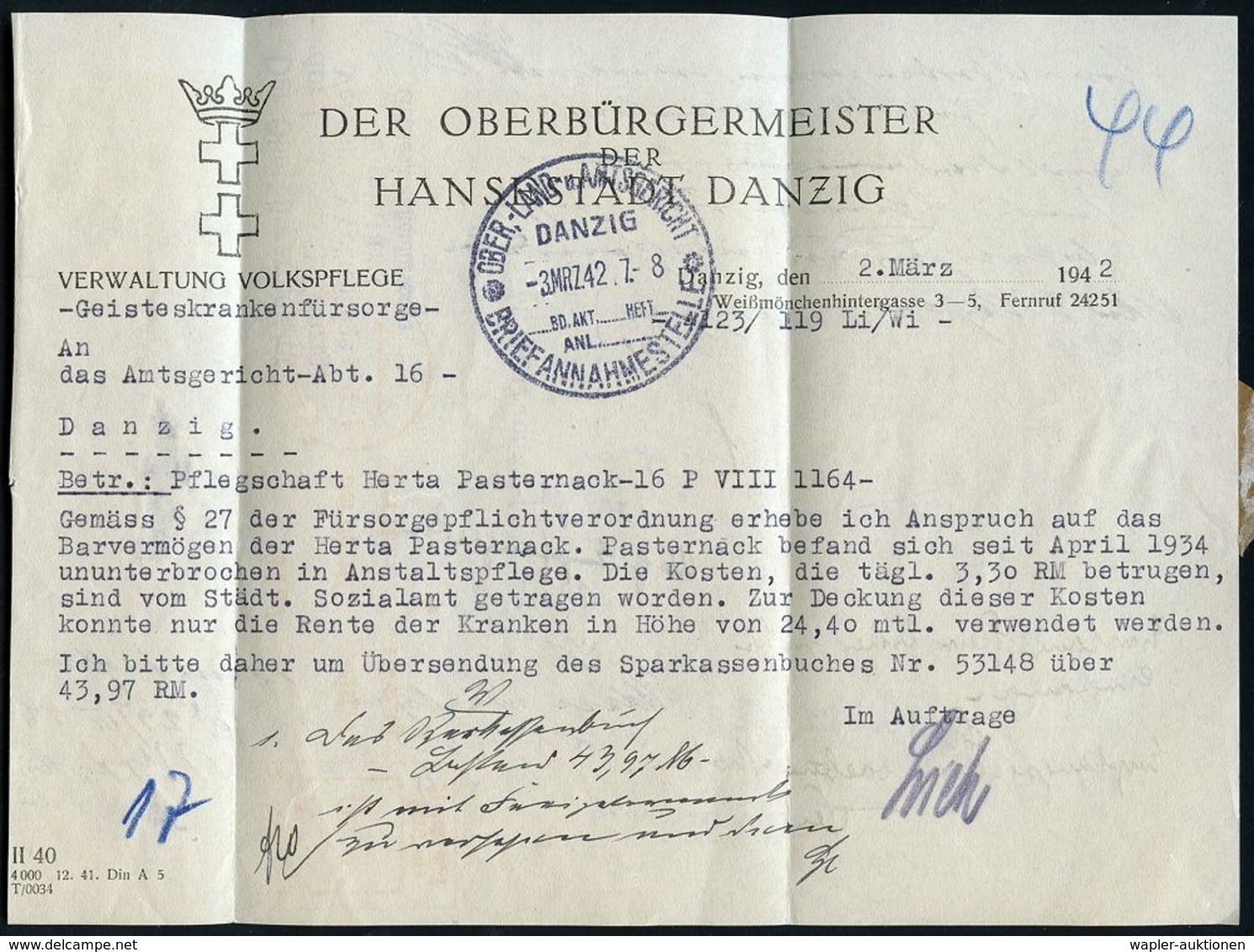 NS-RASSENEUGENIK & EUTHANASIE : DANZIG 1/ Der Oberbürgermeister/ Der Hansestadt Danzig/ 4 1942 (2.3.) AFS + Viol. Abs.-5 - Autres & Non Classés