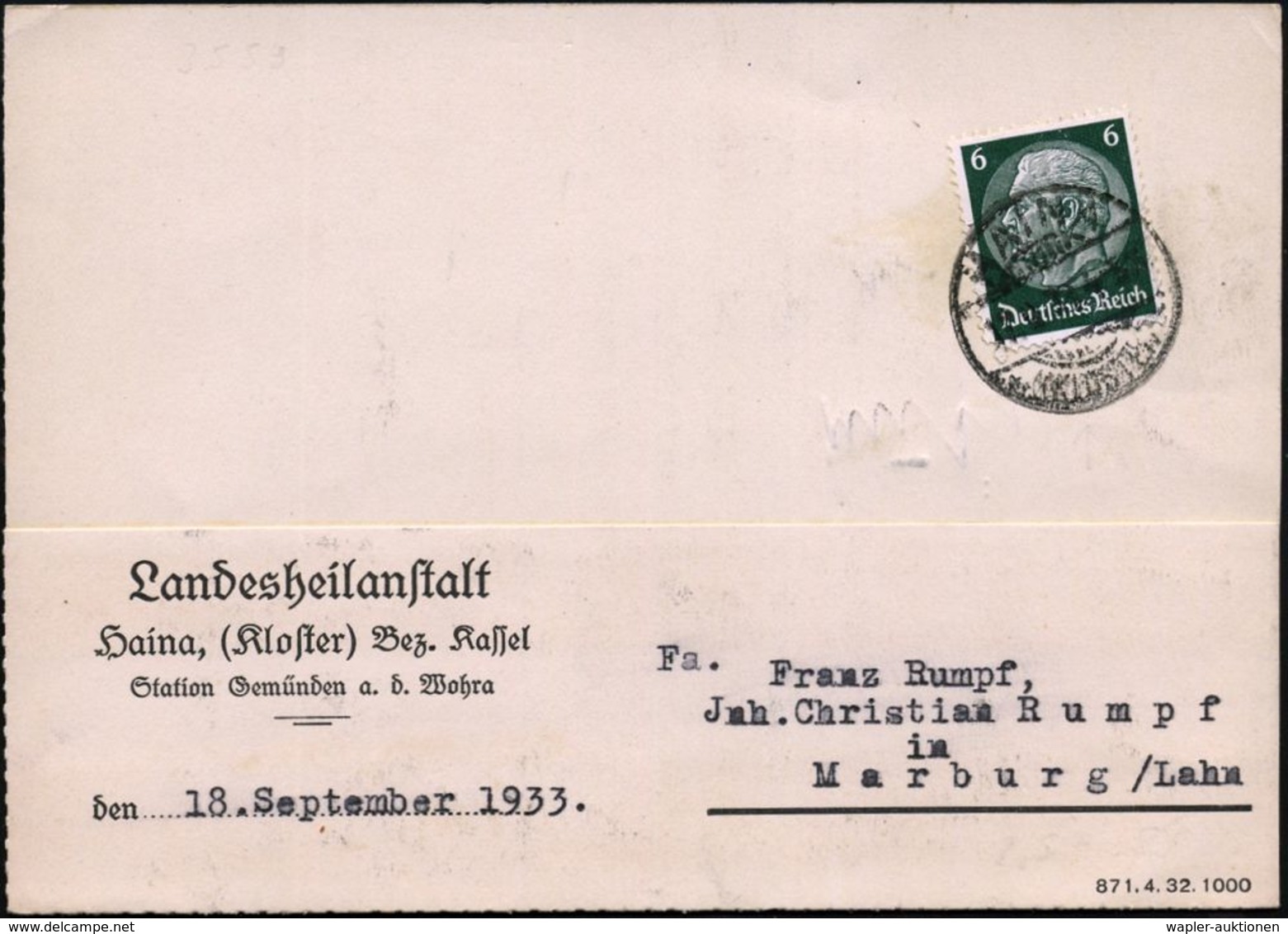 NS-RASSENEUGENIK & EUTHANASIE : HAINA/ *(KLOSTER)* 1933 (18.9.) 1K-Gitter (Frankatur-Mäng.) Auf Dienst-Kt.: Landesheilan - Altri & Non Classificati