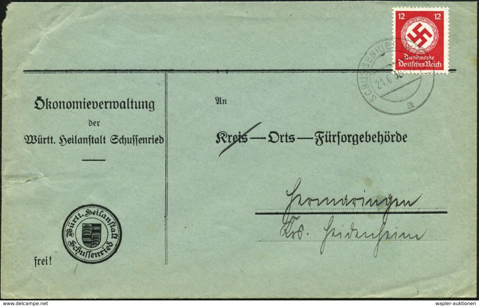 NS-RASSENEUGENIK & EUTHANASIE : SCHUSSENRIED (WÜRTT)/ A 1938 (21.6.) 2K-Steg Auf EF 12 Pf. Behördendienst , Dienst-Bf.:  - Other & Unclassified