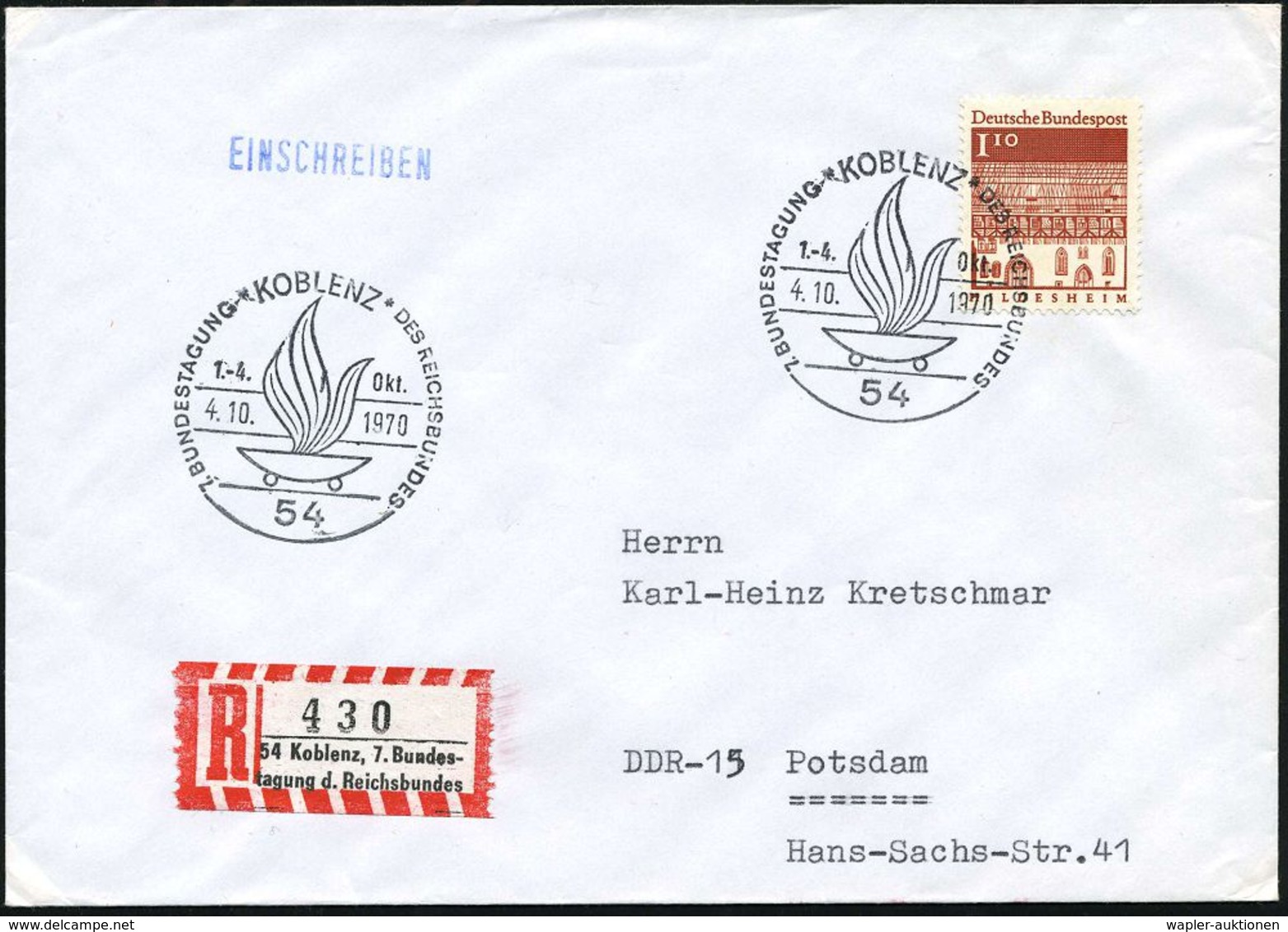 BEHINDERTE / REHABILITATION : 54 KOBLENZ/ 7.BUNDESTAGUNG DES REICHSBUNDES 1970 (4.10.) SSt (Flammenschale = Logo Des Rei - Médecine