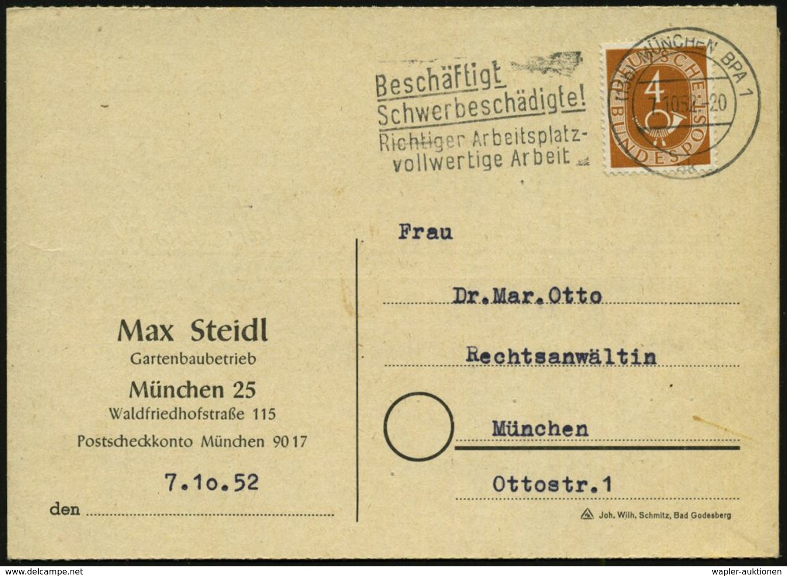 BEHINDERTE / REHABILITATION : (13b) MÜNCHEN BPA 1/ Ak/ Beschäftigt/ Schwerbeschädigte!.. 1952 (7.10.) MWSt Klar Auf Firm - Medicina