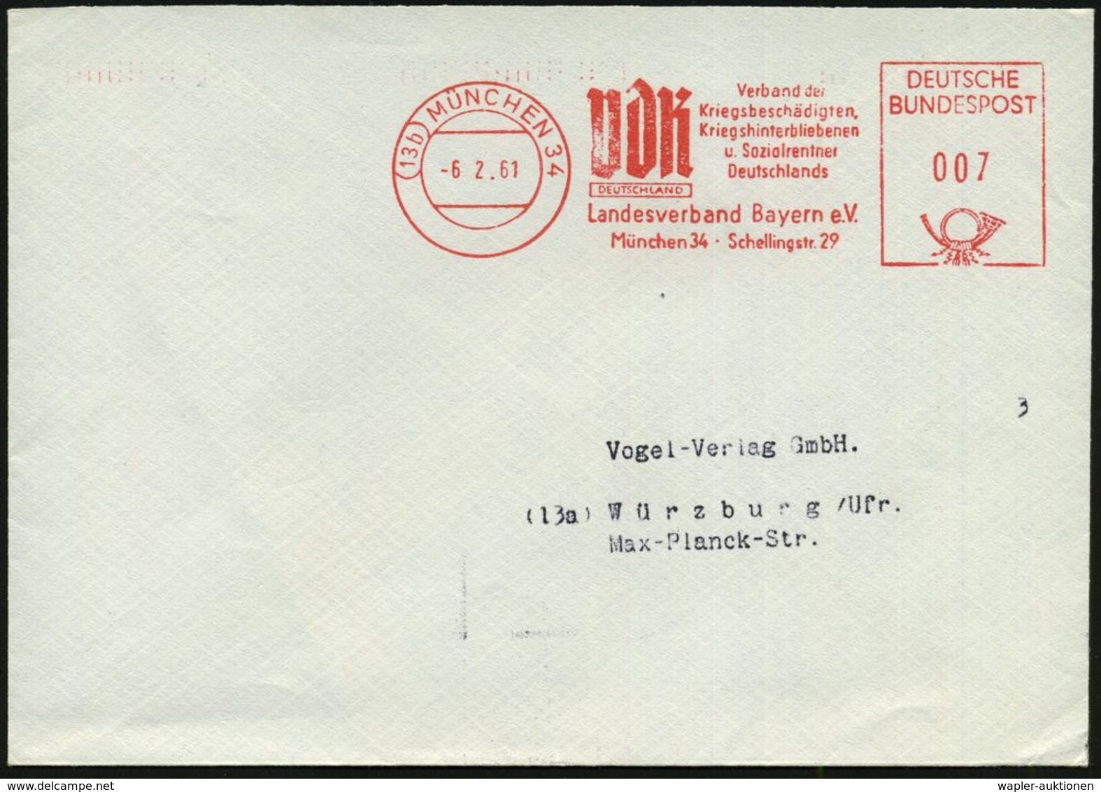 BEHINDERTE / REHABILITATION : (13b) MÜNCHEN 34/ VdK/ Verband Der./ Kriegsbeschädigten/ Kriegshinterbliebenen.. 1961 (6.2 - Medizin