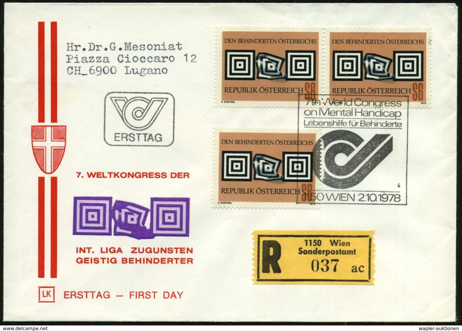 BEHINDERTE / REHABILITATION : ÖSTERREICH 1978 (2.10.) 6 S. "Behindertenhilfe", Reine MeF: 3 Stück + SSt: 1150 WIEN/4/7th - Médecine