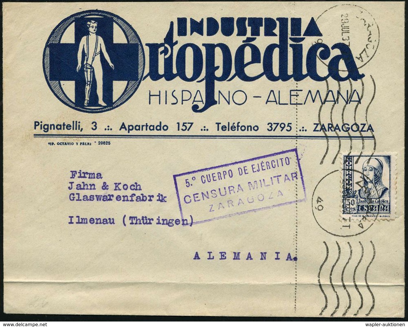 BEHINDERTE / REHABILITATION : SPANIEN 1937 (29.7.) Reklame-Bf.: INDUSTRIA/Ortopedica/HISPANO-ALEMANA (blaues Kreuz, Mann - Médecine