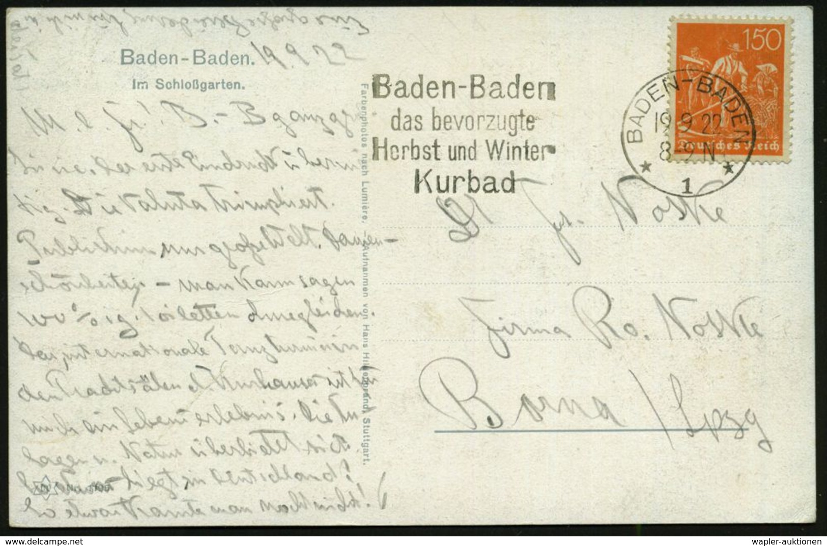 KURORTE / HEILQUELLEN : BADEN-BADEN/ *1*/ D.bevorzugte/ Herbst U.Winter/ Kurbad 1922 (19.9.) Seltener MWSt Auf Color-Ans - Medicine