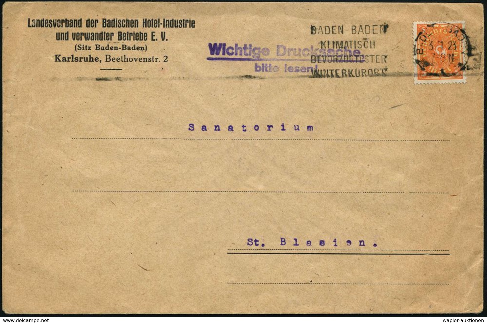 KURORTE / HEILQUELLEN : BADEN-BADENN/ *1*/ KLIMATISCH/ BEVORZUGTER/ WINTERKURORT 1923 (3.1.) Seltener MWSt Auf Vordruck- - Médecine