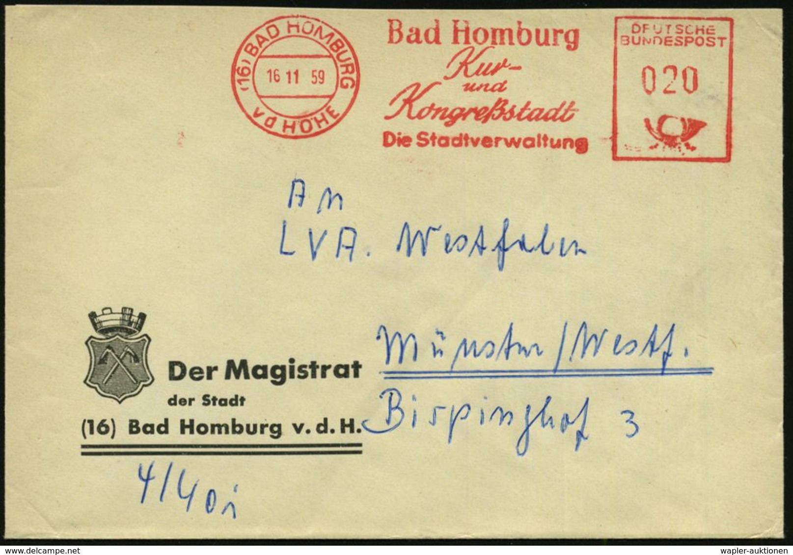 KURORTE / HEILQUELLEN : (16) BAD HOMBURG/ V D HÖHE/ Kur-u./ Kongreßstadt/ Die Stadtverwaltung 1959 (16.11.) AFS Auf Deko - Medizin