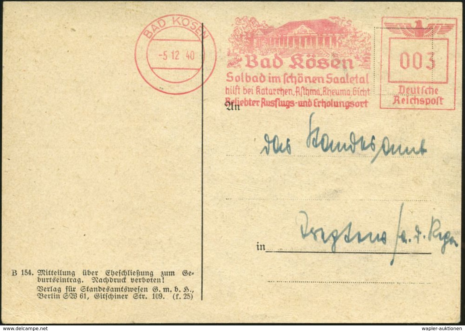 KURORTE / HEILQUELLEN : BAD KÖSEN/ Solbad../ Hilft Bei Katarrhen,Asthma,Rheuma,Gicht.. 1940 (5.12.) Dekorat. AFS (Kurhau - Medicine