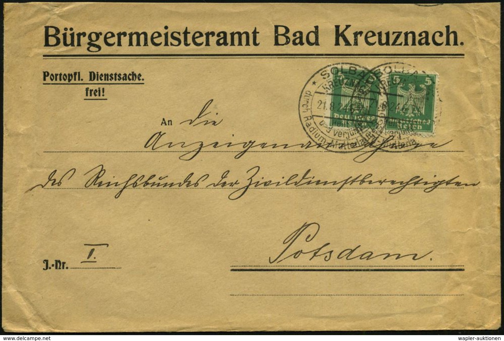 KURORTE / HEILQUELLEN : Bad Kreuzbach 1924 (21.8.) HWSt.: KREUZNACH/SOLBAD/Heilt../durch Radium-Mutterlauge-Sole 2x Meis - Médecine