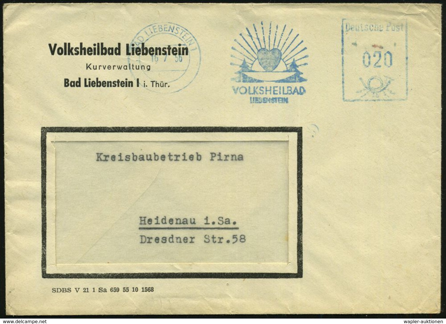 KURORTE / HEILQUELLEN : BAD LIEBENSTEIN/ VOLKSHEILBAD 1956 (16.7.) Blauer AFS = DDR-Dienstfarbe = Herz Vor Aufgehender S - Medicina