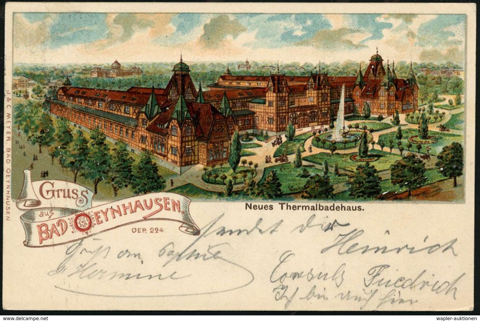 KURORTE / HEILQUELLEN : Bad Oeynhausen 1901 (13.6.) 1K-Gitter: OEYNHAUSEN/* (BAD) B Klar Auf Color-Litho-Ak.: "Gruss Aus - Médecine