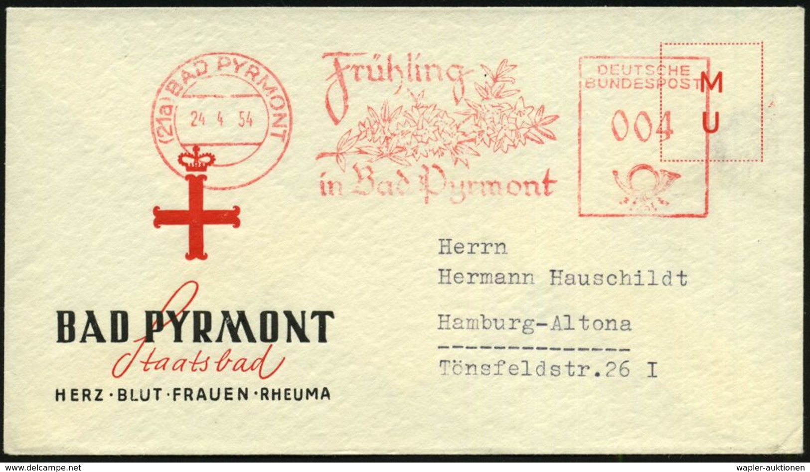 KURORTE / HEILQUELLEN : (21a) BAD PYRMONT/ Frühling/ In Bad Pyrmont 1954 (24.4.) AFS = Blütenzweig Auf Dekorativem, Klei - Médecine