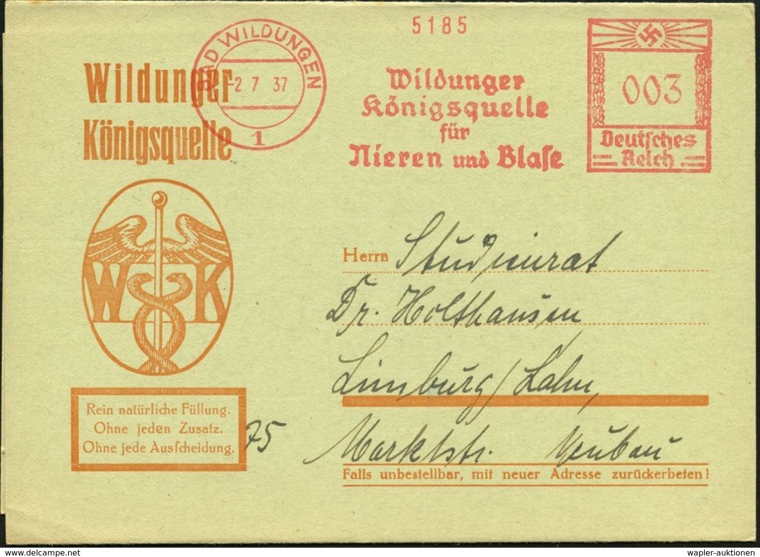 KURORTE / HEILQUELLEN : BAD WILDUNGEN/ 1/ Wildunger/ Königsquelle/ Für/ Nieren U.Blase 1937 (2.7.) AFS Klar Auf Reklame- - Medicina