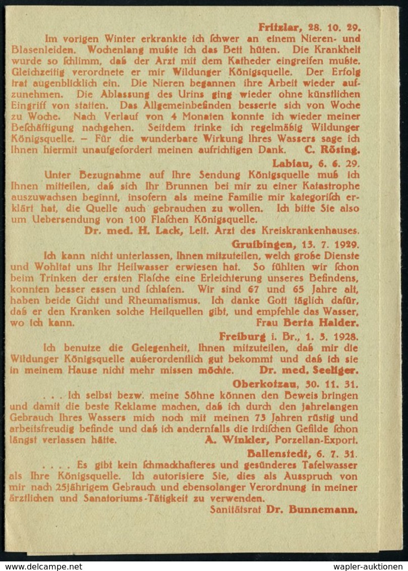 KURORTE / HEILQUELLEN : BAD WILDUNGEN/ 1/ Wildunger/ Königsquelle/ Für/ Nieren U.Blase 1937 (2.7.) AFS Klar Auf Reklame- - Medizin