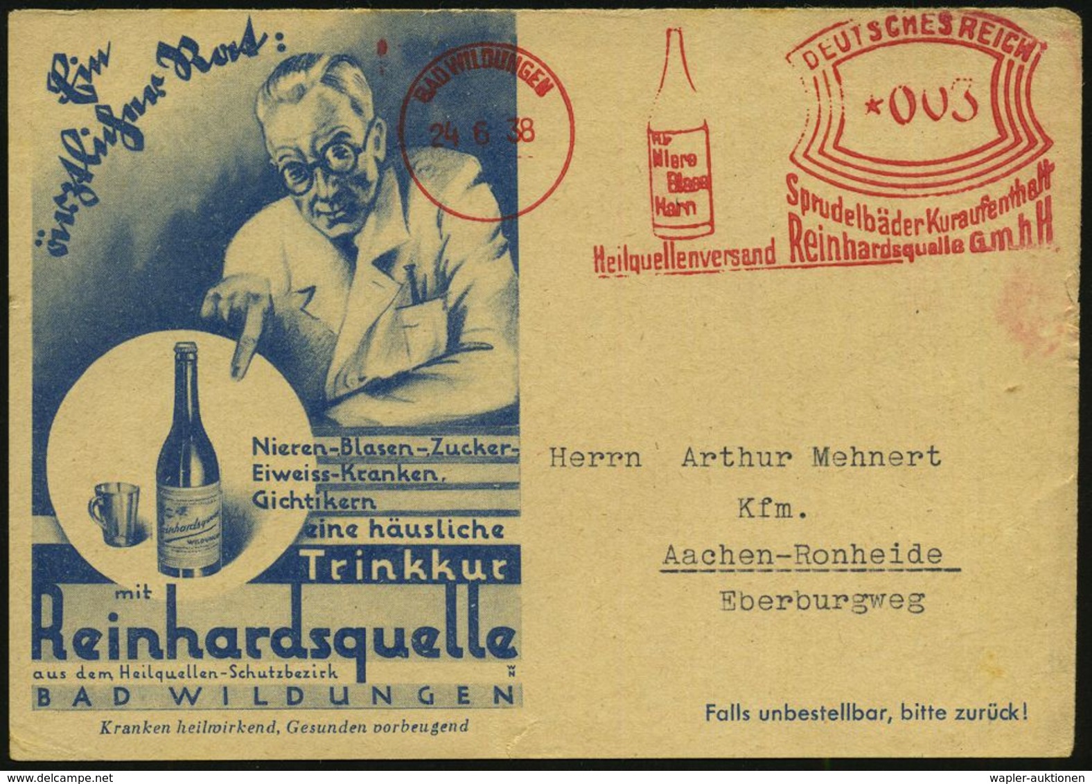 KURORTE / HEILQUELLEN : BAD WILDUNGEN/ Sprudelbäder../ Heilquellenversand Reinhardsquelle GmbH 1938 (24.6.) AFS  = Heilq - Médecine