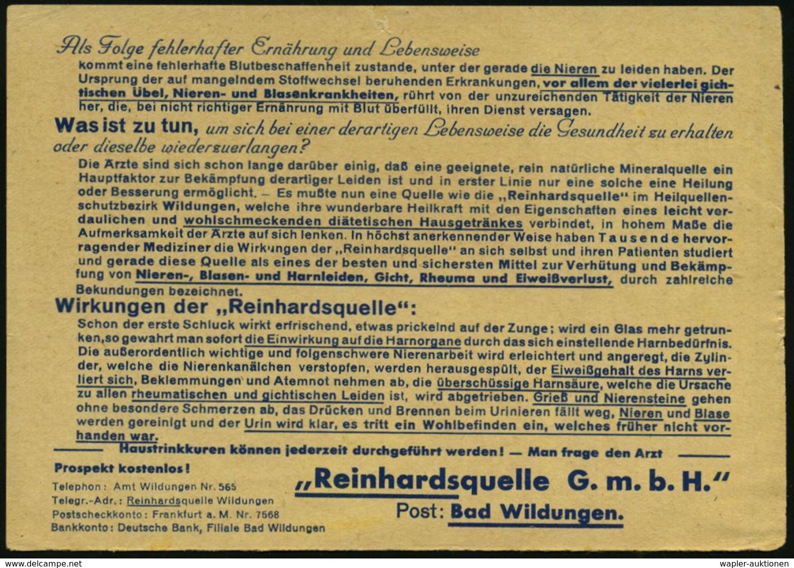KURORTE / HEILQUELLEN : BAD WILDUNGEN/ Sprudelbäder../ Heilquellenversand Reinhardsquelle GmbH 1938 (24.6.) AFS  = Heilq - Medizin
