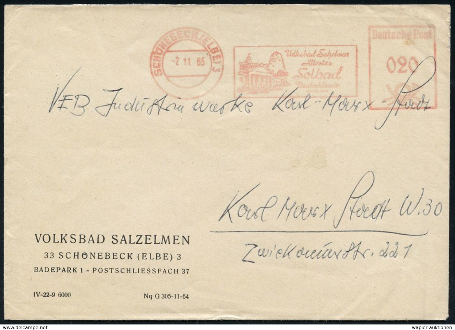 KURORTE / HEILQUELLEN : SCHÖNEBECK (ELBE) 3/ Volksbad SalzelmenÄltestes/ Solbad/ Deutschlands 1965 (2.11.) AFS = Kurhaus - Medicina