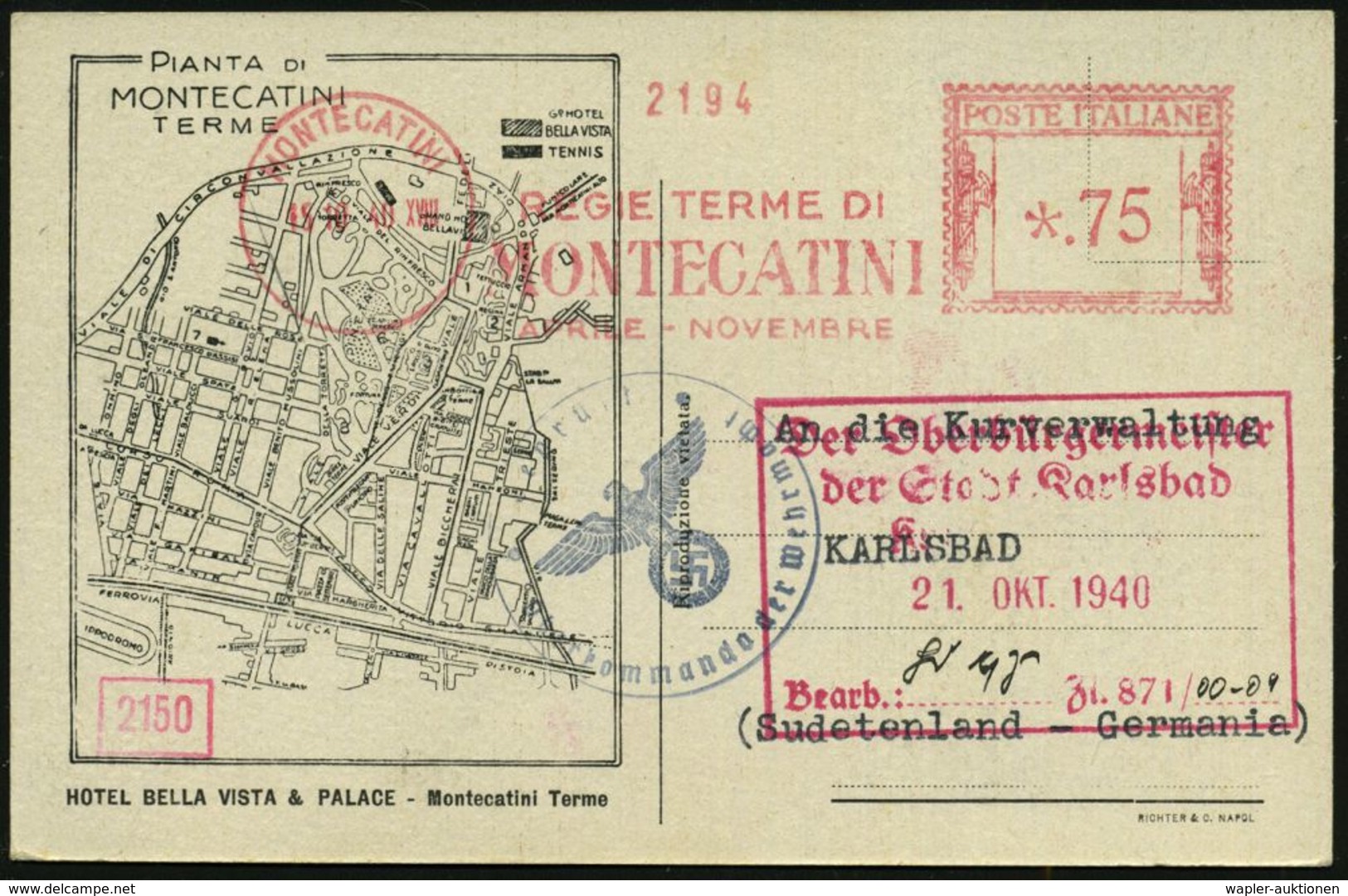 KURORTE / HEILQUELLEN : ITALIEN 1940 (15.10.) AFS Mit Röm. Jahreszahl: MONTECATINI/REGIE TERME.. (= Bäderverwaltung) + S - Medicina