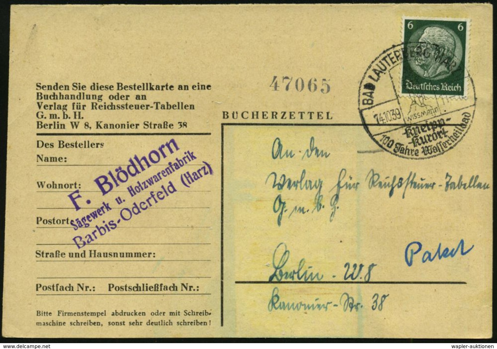 SEBASTIAN KNEIPP / KNEIPP-KURORTE : BAD LAUTERBERG (HARZ)/ WISSMANN/ Kneipp-/ Kurort/ 100 Jahre Wasserheilbad 1939 (14.1 - Medicine