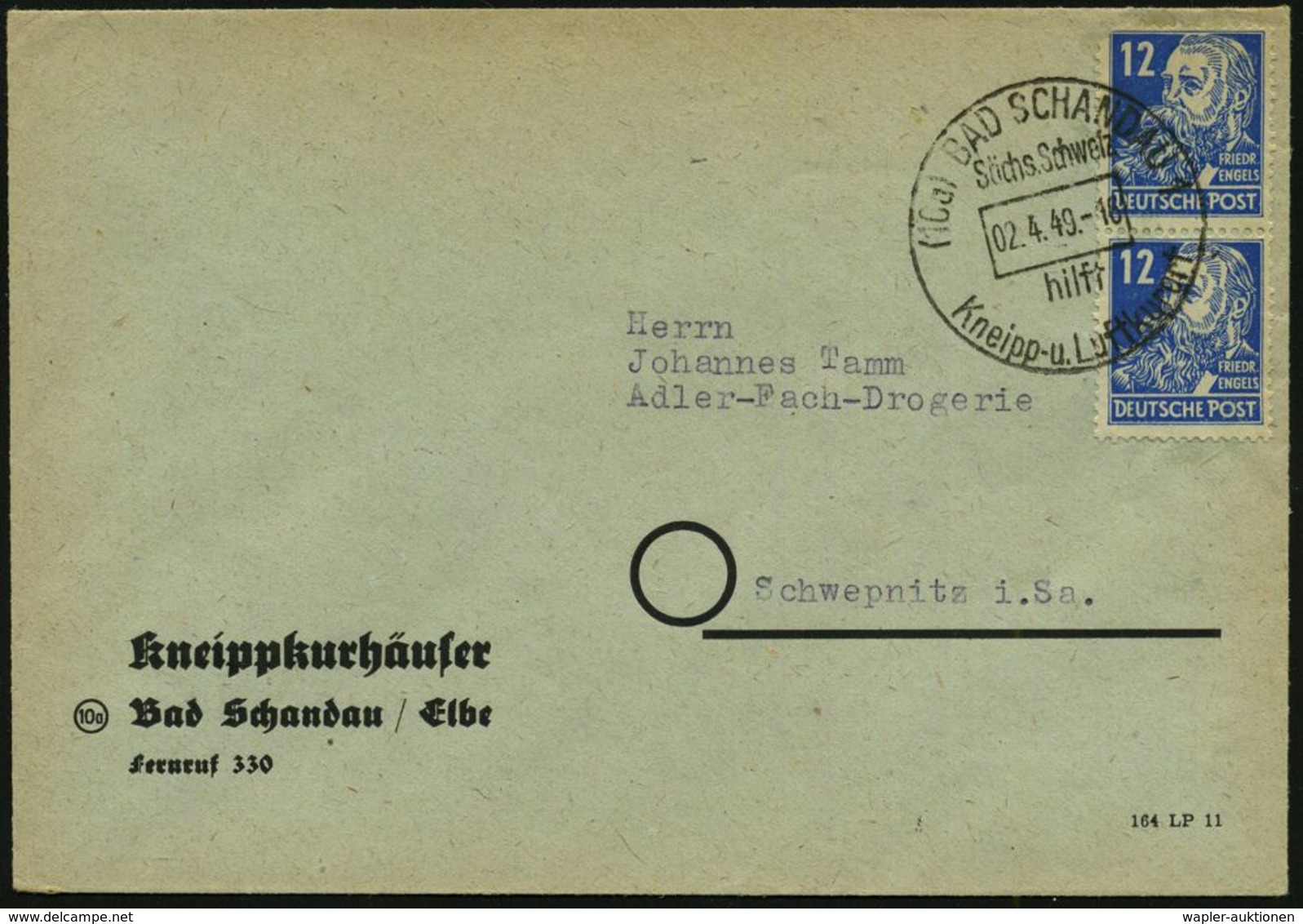 SEBASTIAN KNEIPP / KNEIPP-KURORTE : (10a) BAD SCHANDAU 1/ Sächs.Schweiz/ Hilft/ Kneipp-u.Luftkurort 1949 (2.4.) HWSt , K - Medicina