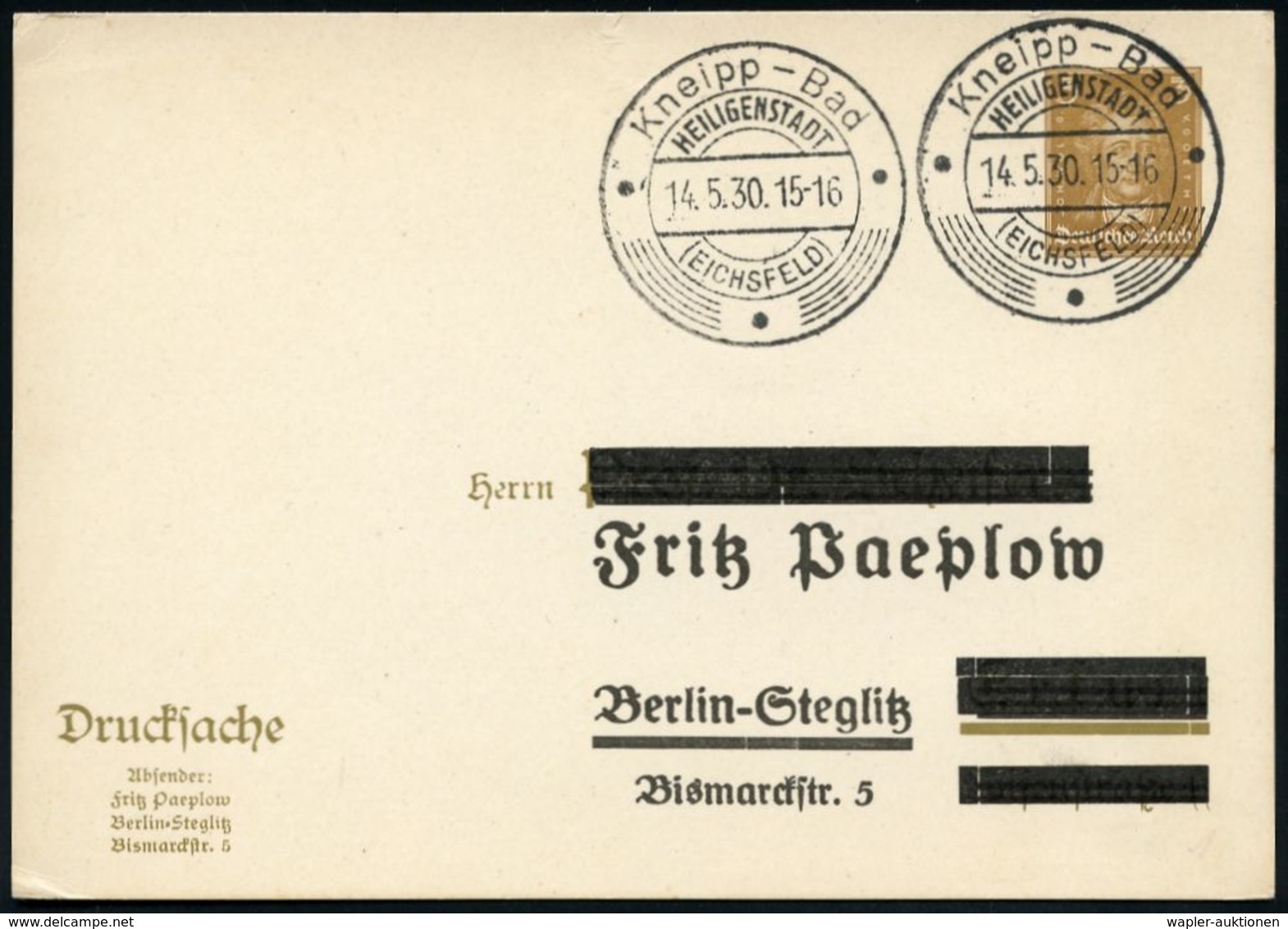 SEBASTIAN KNEIPP / KNEIPP-KURORTE : HEILIGENSTADT/ (EICHSFELD)/ Kneipp-Bad 1930 (14.5.) HWSt Auf PP 3 Pf.Goethe (F. Paep - Medicina